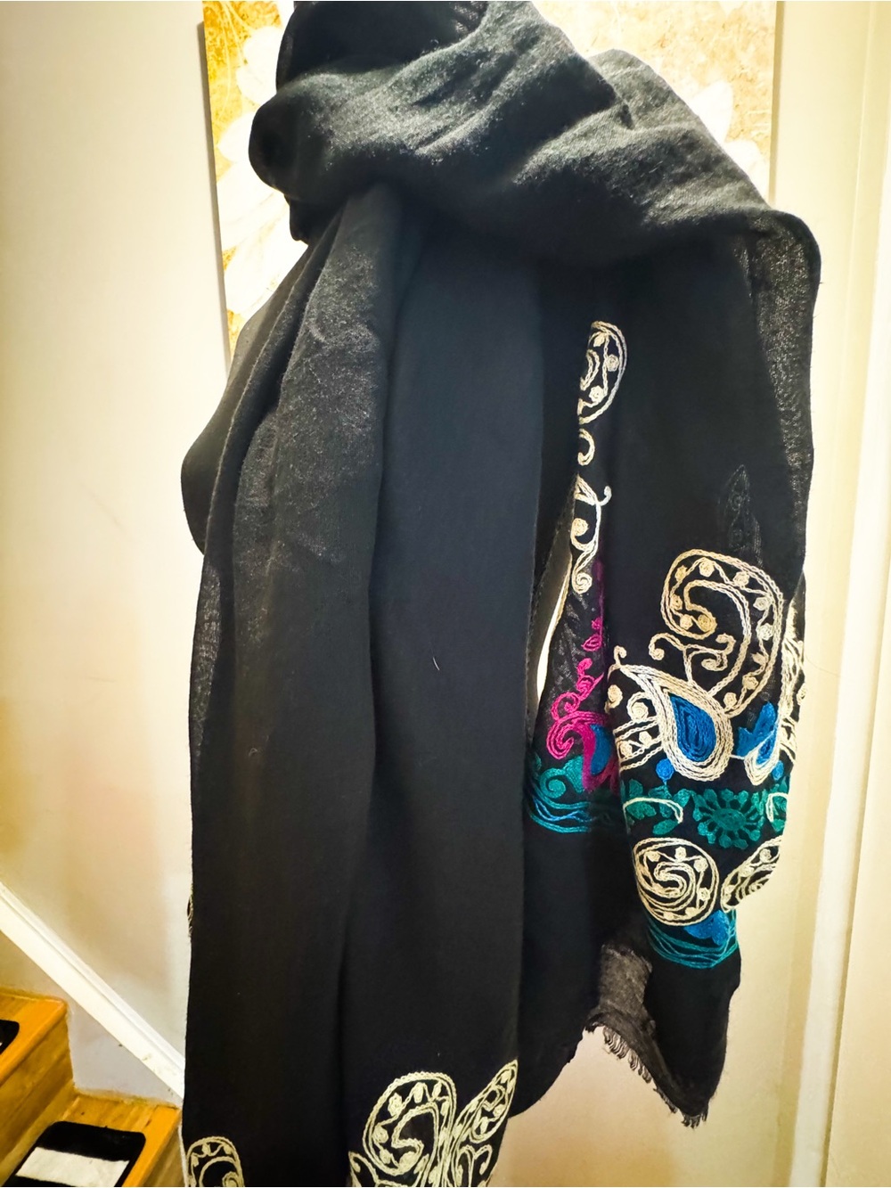 Black Embroidered Women's Scarf - Elegant Multicolor Design